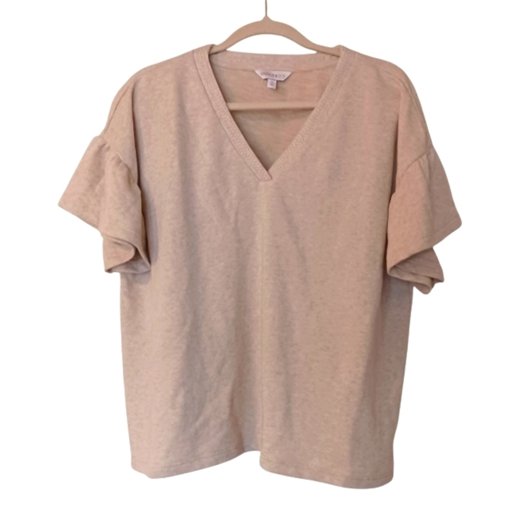 Soft Cotton Cream V-Neck Ruffle Sleeve Lightweight Sweatshirt